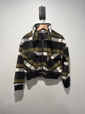 Jou Jou Plaid Zip-Front Women's Bomber Style Jacket - Black & Olive M